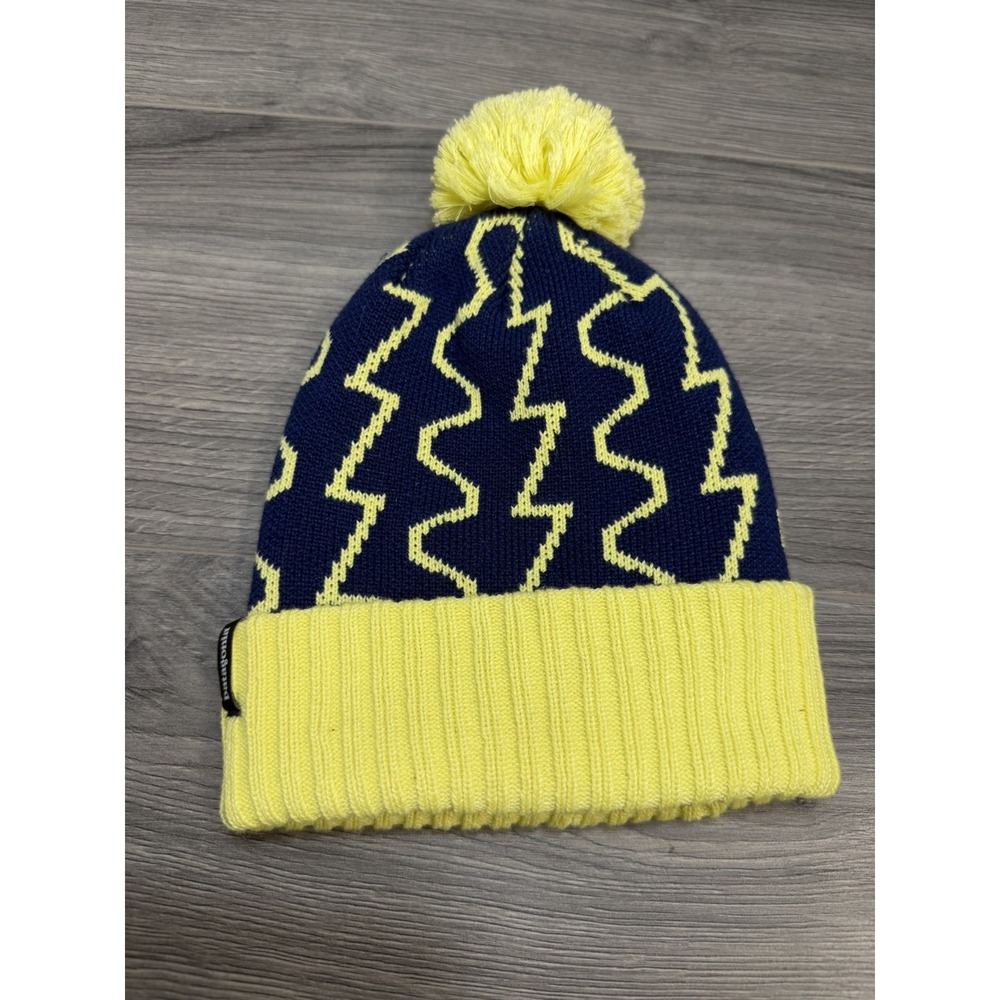 Patagonia Kids Powder Town Beanie Hat Blue Yellow Stretch Winter Outdoor Pom Pom